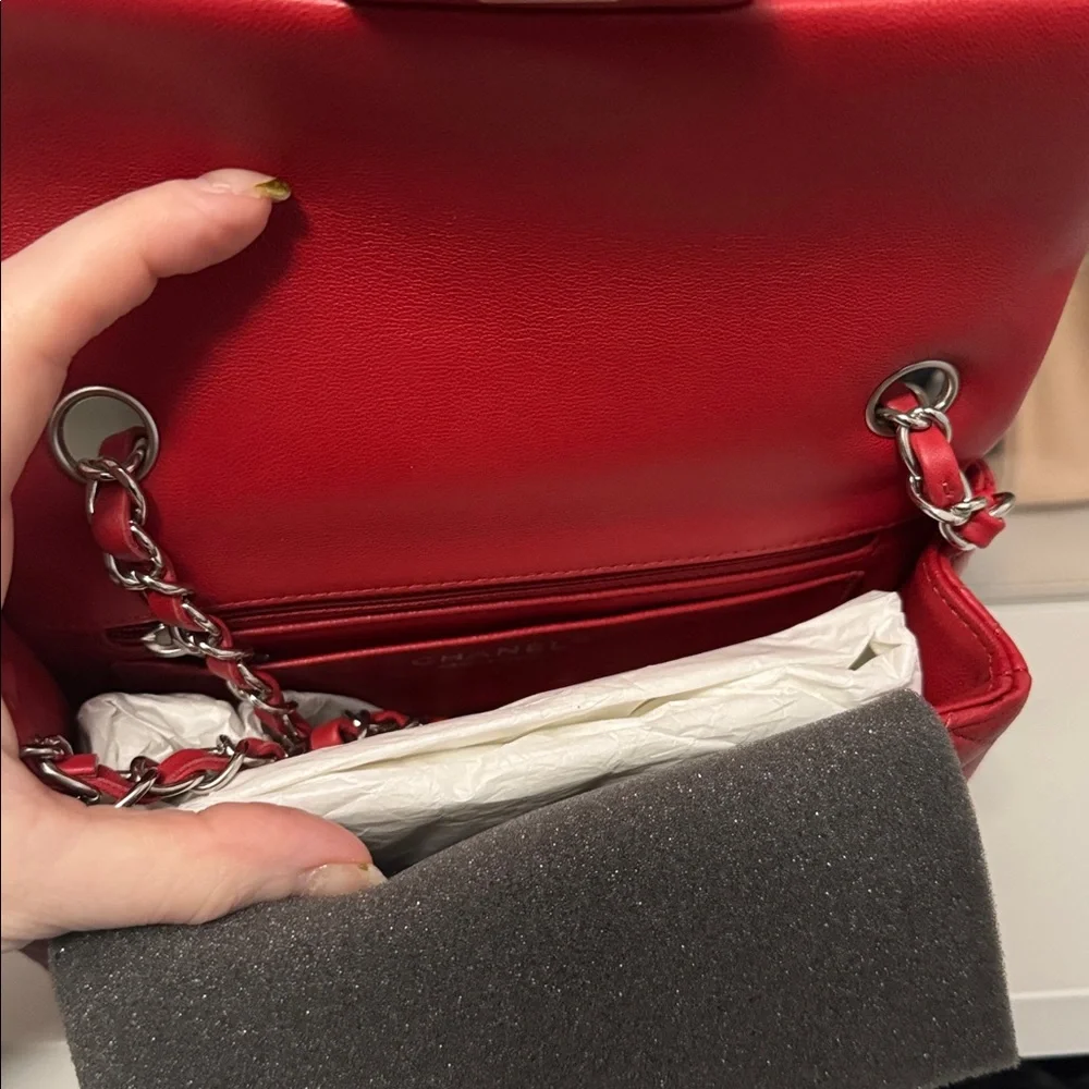 Authentic Chanel Classic Red Quilted Rectangle Mini Lambskin Bag